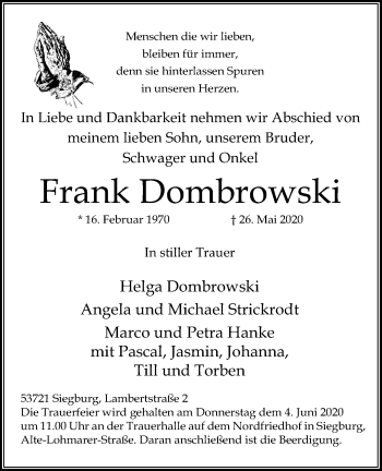Anzeige von Frank Dombrowski von Kölner Stadt-Anzeiger / Kölnische Rundschau / Express