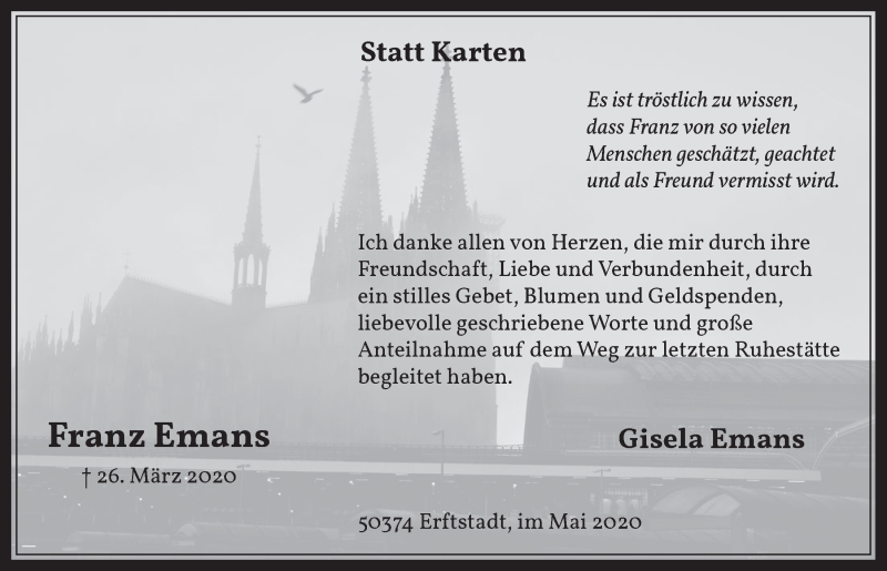  Traueranzeige für Franz Emans vom 15.05.2020 aus  Werbepost 