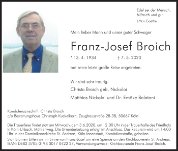 Anzeige von Franz-Josef Broich von Kölner Stadt-Anzeiger / Kölnische Rundschau / Express