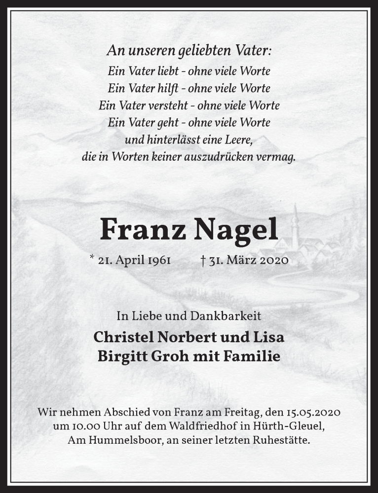  Traueranzeige für Franz Nagel vom 08.05.2020 aus  Wochenende 