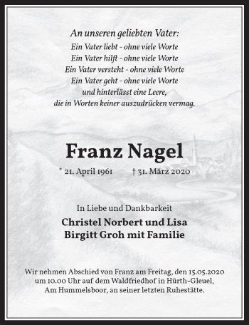Anzeige von Franz Nagel von  Wochenende 