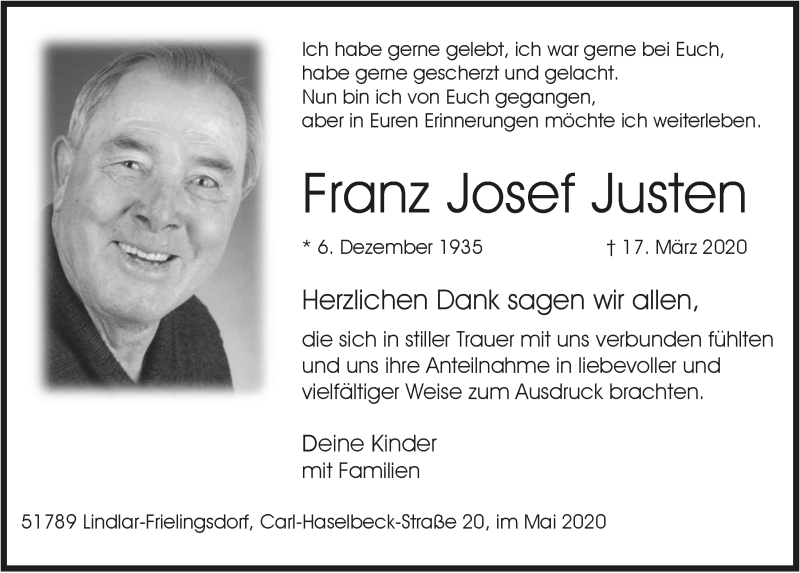  Traueranzeige für Franz Josef Justen vom 15.05.2020 aus  Anzeigen Echo 