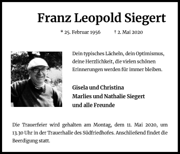 Anzeige von Franz Leopold Siegert von Kölner Stadt-Anzeiger / Kölnische Rundschau / Express