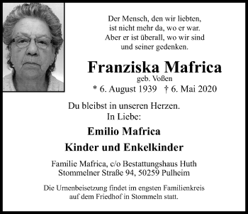 Anzeige von Franziska Mafrica von Kölner Stadt-Anzeiger / Kölnische Rundschau / Express