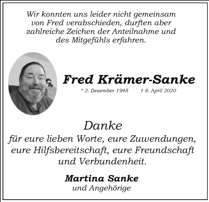 Traueranzeige für Fred Krämer-Sanke vom 09.05.2020 aus Kölner Stadt-Anzeiger / Kölnische Rundschau / Express