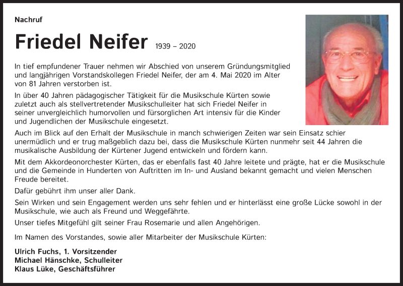  Traueranzeige für Friedel Neifer vom 16.05.2020 aus Kölner Stadt-Anzeiger / Kölnische Rundschau / Express