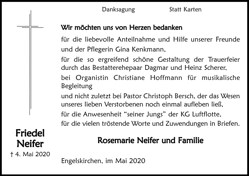  Traueranzeige für Friedel Neifer vom 30.05.2020 aus Kölner Stadt-Anzeiger / Kölnische Rundschau / Express