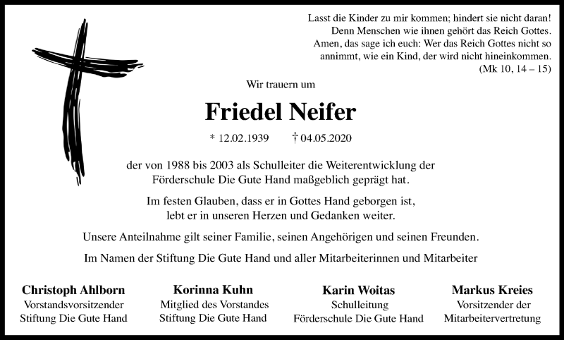  Traueranzeige für Friedel Neifer vom 13.05.2020 aus Kölner Stadt-Anzeiger / Kölnische Rundschau / Express