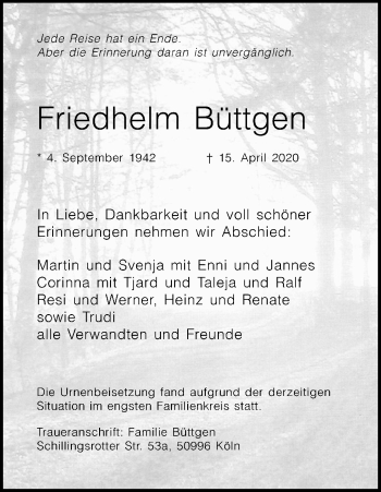 Anzeige von Friedhelm Büttgen von Kölner Stadt-Anzeiger / Kölnische Rundschau / Express