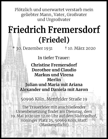 Anzeige von Friedrich Fremersdorf von Kölner Stadt-Anzeiger / Kölnische Rundschau / Express