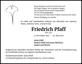 Anzeige von Friedrich Pfaff von Kölner Stadt-Anzeiger / Kölnische Rundschau / Express