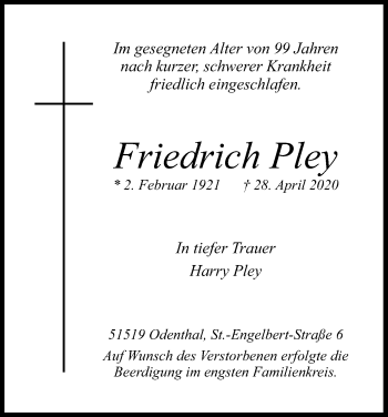 Anzeige von Friedrich Pley von Kölner Stadt-Anzeiger / Kölnische Rundschau / Express