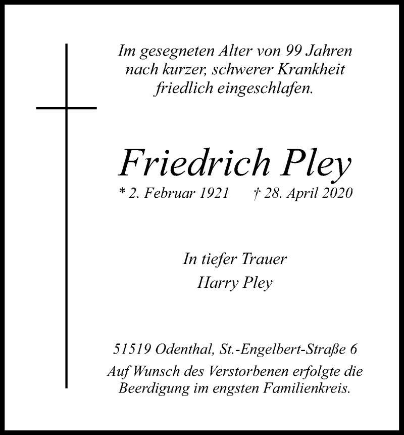  Traueranzeige für Friedrich Pley vom 09.05.2020 aus Kölner Stadt-Anzeiger / Kölnische Rundschau / Express