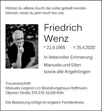 Anzeige von Friedrich Wenz von  Kölner Wochenspiegel 