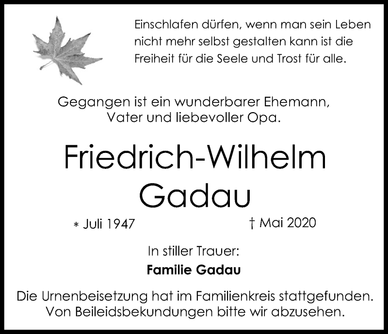 Traueranzeige für Friedrich-Wilhelm Gadau vom 27.05.2020 aus Kölner Stadt-Anzeiger / Kölnische Rundschau / Express
