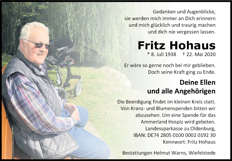  Traueranzeige für Fritz Hohaus vom 29.05.2020 aus  Schaufenster/Blickpunkt 