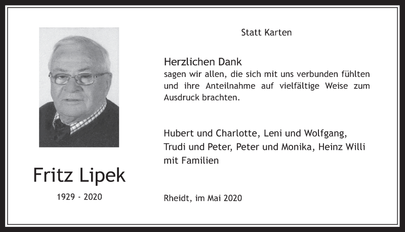  Traueranzeige für Fritz Lipek vom 15.05.2020 aus  Werbepost 