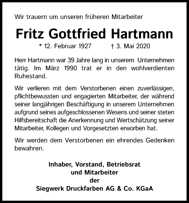  Traueranzeige für Fritz Gottfried Hartmann vom 15.05.2020 aus Kölner Stadt-Anzeiger / Kölnische Rundschau / Express