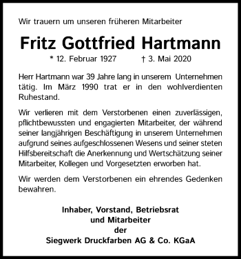 Anzeige von Fritz Gottfried Hartmann von Kölner Stadt-Anzeiger / Kölnische Rundschau / Express