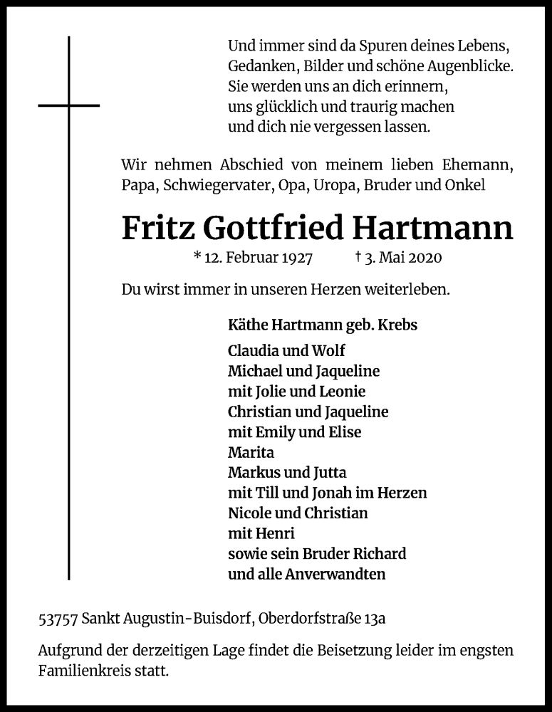  Traueranzeige für Fritz Gottfried Hartmann vom 09.05.2020 aus Kölner Stadt-Anzeiger / Kölnische Rundschau / Express