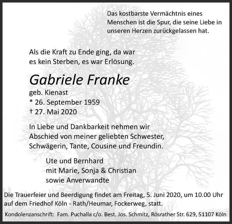  Traueranzeige für Gabriele Franke vom 30.05.2020 aus Kölner Stadt-Anzeiger / Kölnische Rundschau / Express