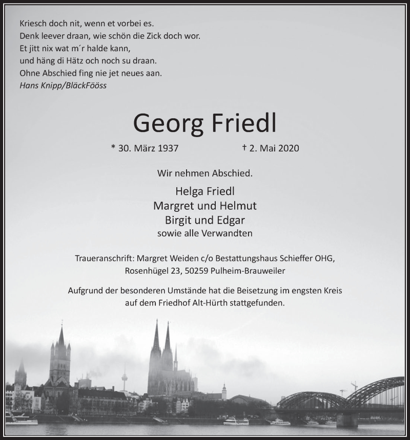  Traueranzeige für Georg Friedl vom 22.05.2020 aus  Wochenende 
