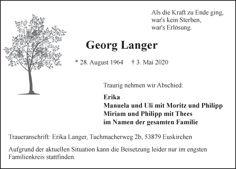  Traueranzeige für Georg Langer vom 16.05.2020 aus  Blickpunkt Euskirchen 