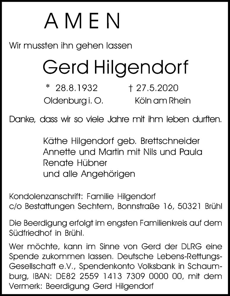  Traueranzeige für Gerd Hilgendorf vom 30.05.2020 aus Kölner Stadt-Anzeiger / Kölnische Rundschau / Express