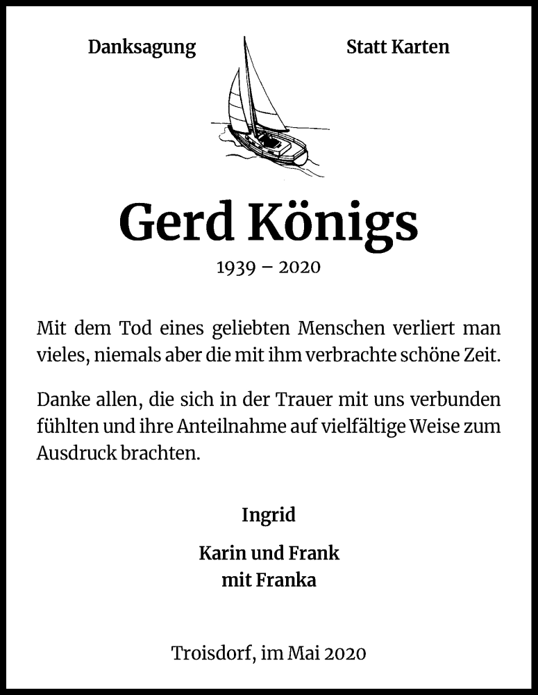  Traueranzeige für Gerd Königs vom 16.05.2020 aus Kölner Stadt-Anzeiger / Kölnische Rundschau / Express