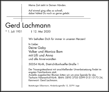 Anzeige von Gerd Lachmann von Kölner Stadt-Anzeiger / Kölnische Rundschau / Express