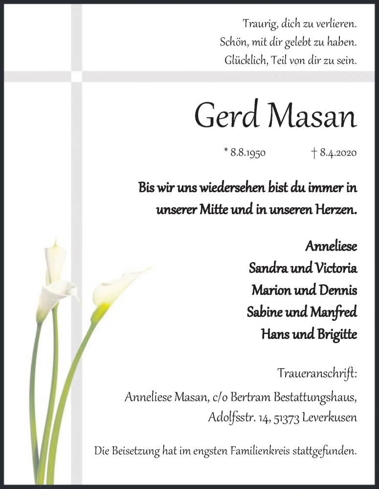  Traueranzeige für Gerd Masan vom 09.05.2020 aus Kölner Stadt-Anzeiger / Kölnische Rundschau / Express