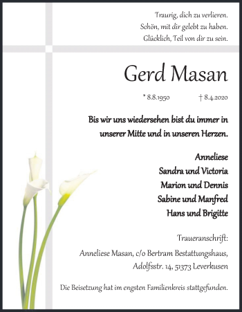 Anzeige von Gerd Masan von Kölner Stadt-Anzeiger / Kölnische Rundschau / Express