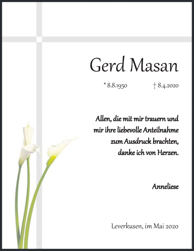  Traueranzeige für Gerd Masan vom 30.05.2020 aus Kölner Stadt-Anzeiger / Kölnische Rundschau / Express