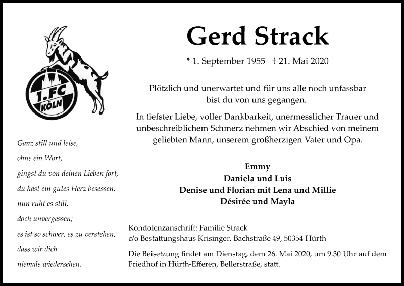  Traueranzeige für Gerd Strack vom 23.05.2020 aus Kölner Stadt-Anzeiger / Kölnische Rundschau / Express