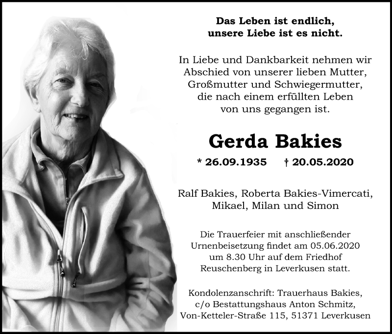  Traueranzeige für Gerda Bakies vom 30.05.2020 aus Kölner Stadt-Anzeiger / Kölnische Rundschau / Express