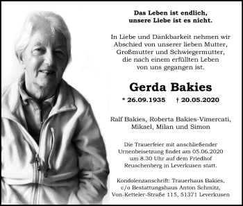 Anzeige von Gerda Bakies von Kölner Stadt-Anzeiger / Kölnische Rundschau / Express