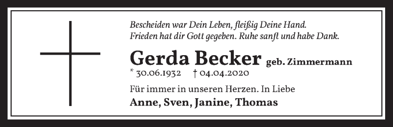  Traueranzeige für Gerda Becker vom 29.05.2020 aus  Werbepost 