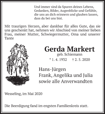 Anzeige von Gerda Markert von  Schlossbote/Werbekurier 