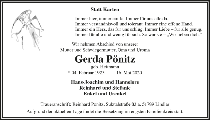  Traueranzeige für Gerda Pönitz vom 22.05.2020 aus  Anzeigen Echo 