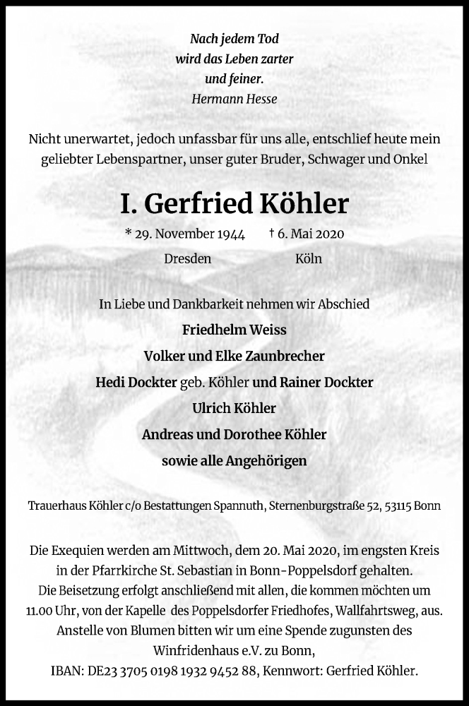  Traueranzeige für Gerfried Köhler vom 09.05.2020 aus Kölner Stadt-Anzeiger / Kölnische Rundschau / Express