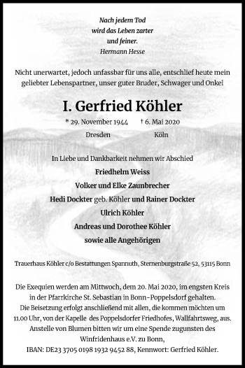 Anzeige von Gerfried Köhler von Kölner Stadt-Anzeiger / Kölnische Rundschau / Express