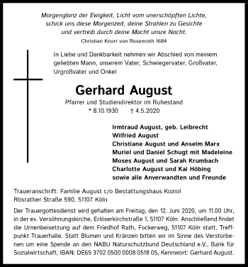 Anzeige von Gerhard August von Kölner Stadt-Anzeiger / Kölnische Rundschau / Express