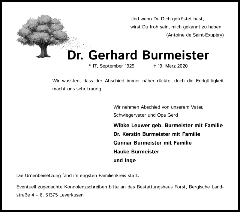  Traueranzeige für Gerhard Burmeister vom 02.05.2020 aus Kölner Stadt-Anzeiger / Kölnische Rundschau / Express