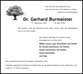 Anzeige von Gerhard Burmeister von Kölner Stadt-Anzeiger / Kölnische Rundschau / Express