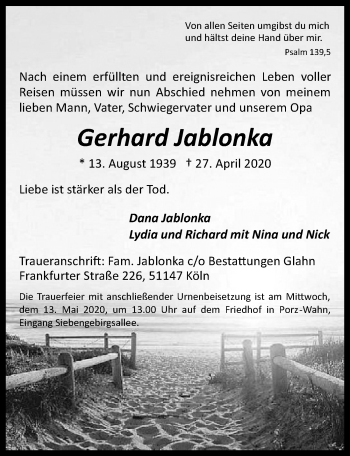 Anzeige von Gerhard Jablonka von  Kölner Wochenspiegel 