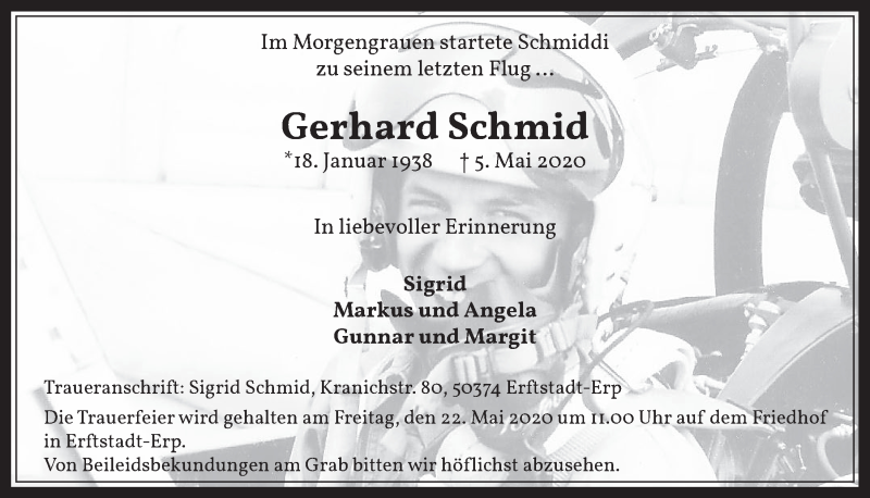  Traueranzeige für Gerhard Schmid vom 15.05.2020 aus  Werbepost 