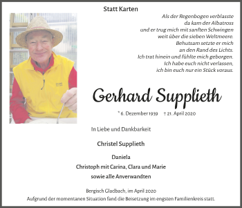 Anzeige von Gerhard Supplieth von  Bergisches Handelsblatt 