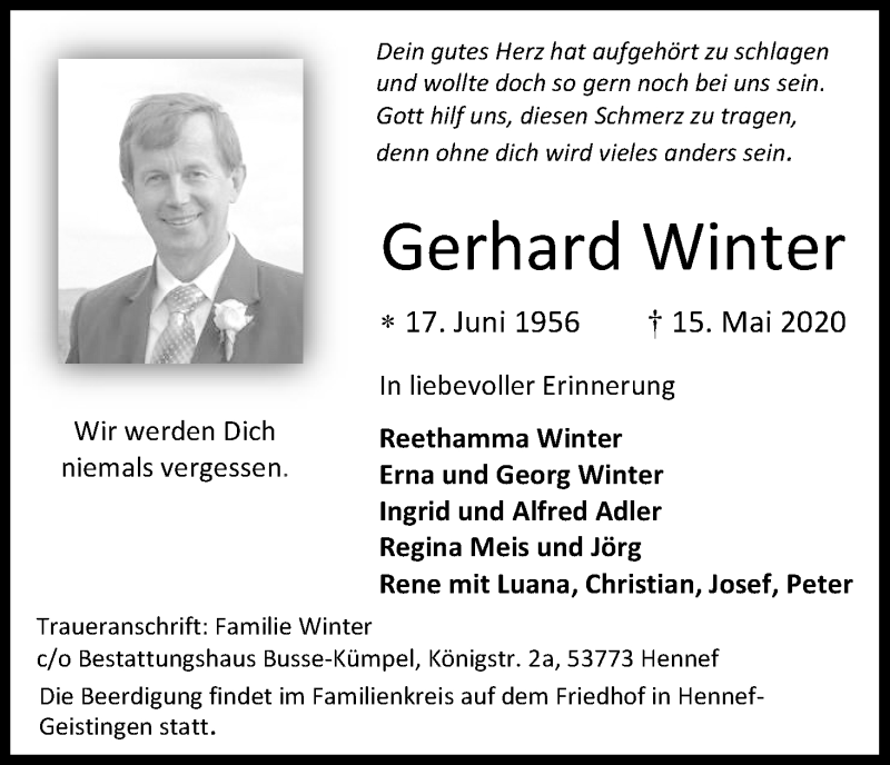  Traueranzeige für Gerhard Winter vom 23.05.2020 aus Kölner Stadt-Anzeiger / Kölnische Rundschau / Express