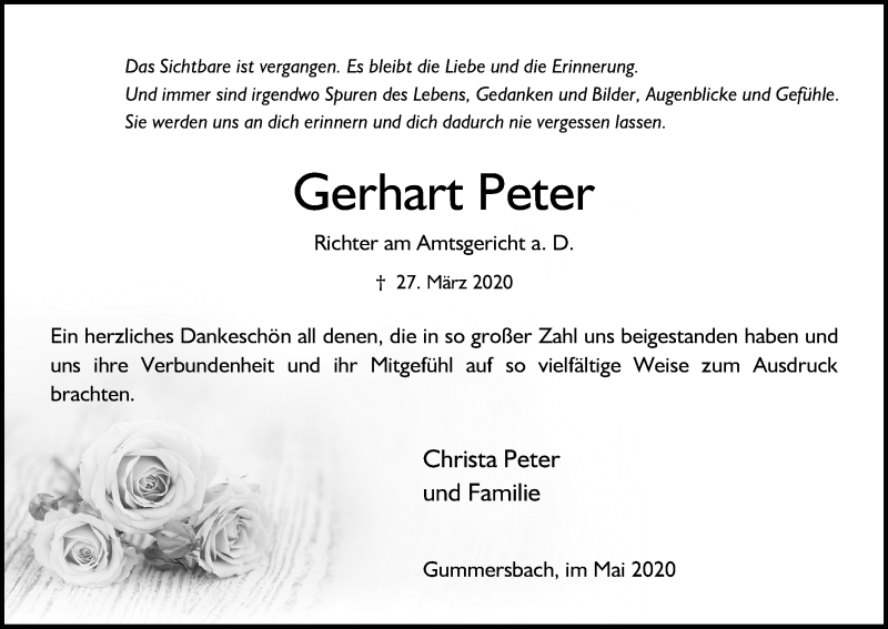  Traueranzeige für Gerhart Peter vom 02.05.2020 aus Kölner Stadt-Anzeiger / Kölnische Rundschau / Express