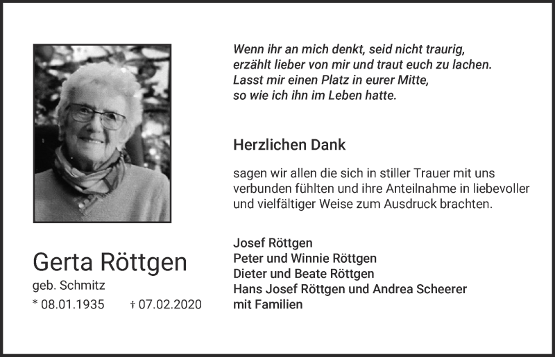  Traueranzeige für Gerta Röttgen vom 02.05.2020 aus  Blickpunkt Euskirchen 